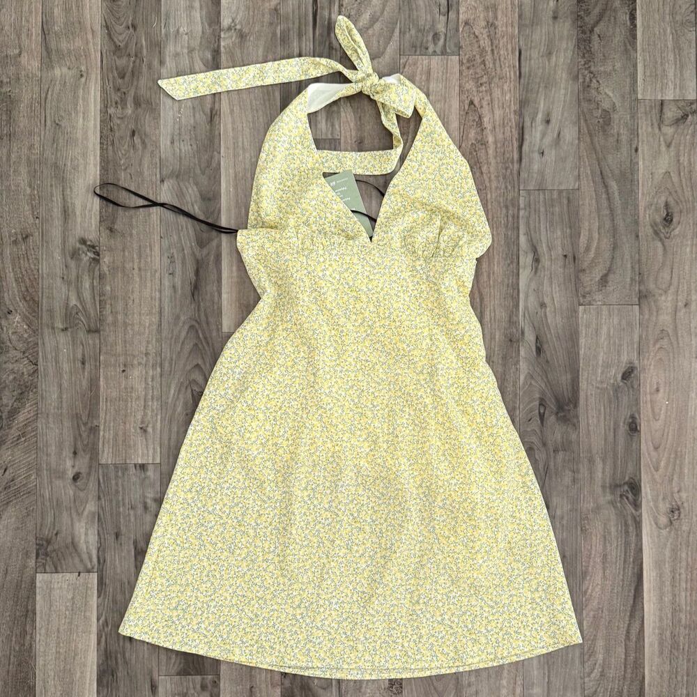 NWT Divided H&M Pastel Butter Yellow Floral Halter Mini Dress Size S